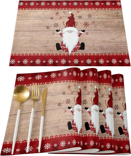 Vista 12 de Juego de 4 manteles individuales de reno de Navidad para mesa de comedor, alce de Navidad con bufanda, a cuadros de búfalo rojo, verde, duradero