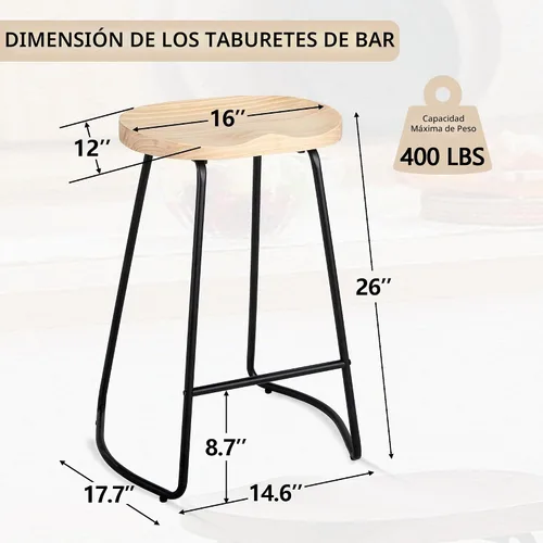 Vista 2 de HeuGah - Juego de 2 taburetes de bar de madera de 26 pulgadas para isla de cocina Madera clara