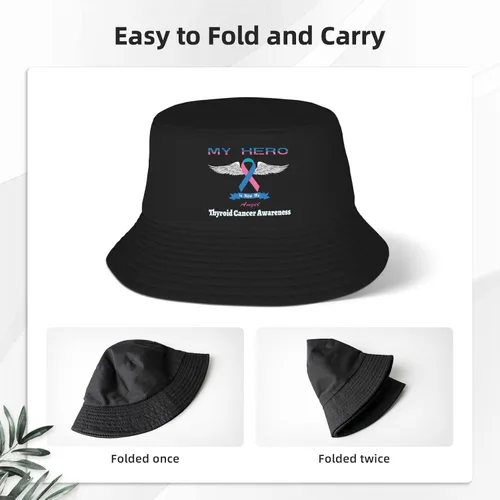 Vista 4 de My Hero is Now My Angel Thyroid Cancer Awareness Bucket Hats Double-Woven for WomenMen Adult Fisherman's Hat Sun Cap Packable Outdoor Fisherman Hat