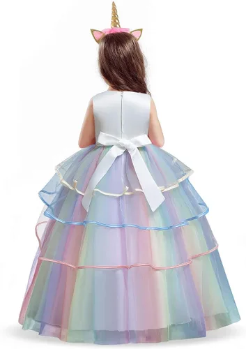 Vista 3 de Vestido de princesa de unicornio para niña vestido largo de tul arco iris ropa de cumpleaños para niños Arco iris