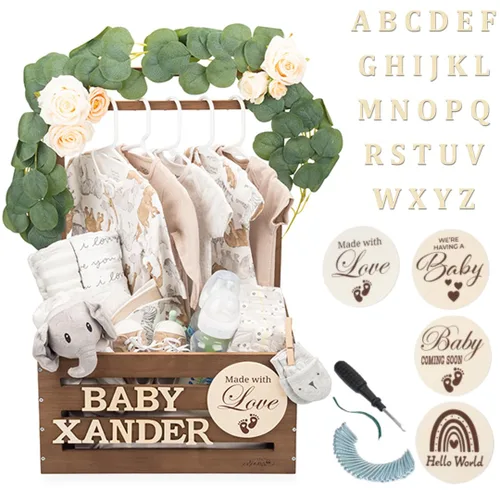 Vista 10 de Armario de madera para baby shower con parte delantera de acrílico transparente, caja de madera personalizable con sistema de doble varilla, cestas