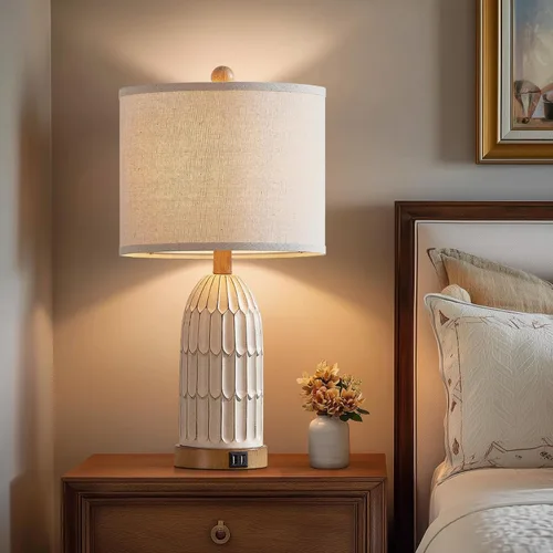 Vista 5 de Touch Table Lamp for Bedroom Nightstand, Cream Farmhouse Vintage Rustic 3-Way Dimmable Bedside Lamps with 2 USB Charging Ports,Single Cream