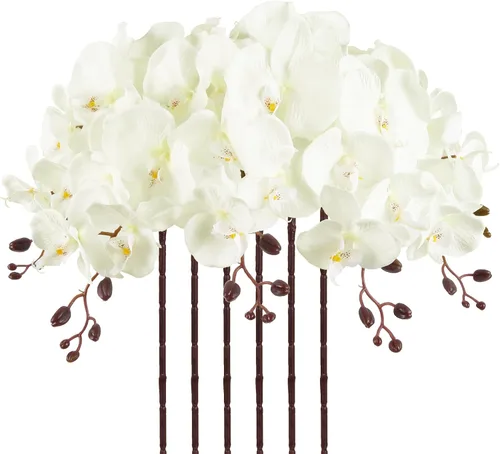 Vista 20 de Orquídeas artificiales de 38 pulgadas, 6 unidades, orquídeas falsas rosas, orquídeas de seda de terciopelo, flores artificiales de tallo largo