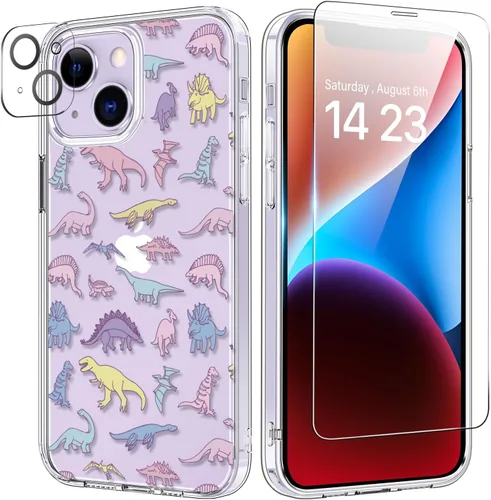 Vista 64 de bicol Funda para iPhone 14 Plus con Protector de Pantalla y Lente de Cámara - Diseños Florales de Moda para Mujeres y Niñas - Funda Transparente