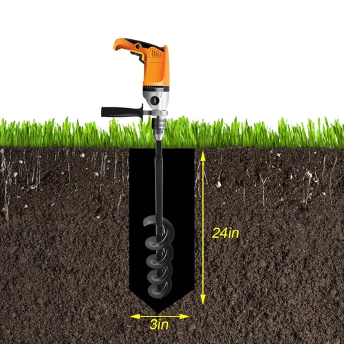 Vista 6 de Broca de taladro de 3 x 24 pulgadas, broca para plantación de jardín, broca para plantar, perforadora para poste para plantar bulbos, broca