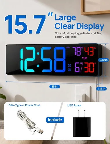 Vista 2 de RGB Large Digital Wall Clock, 15.7" Digital Clock Large Display with Remote LED Alarm Clocks with Night Light, DST, Date, Temperature for Living