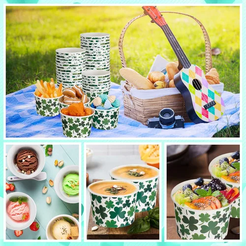 Vista 6 de Zopeal Paquete de 50 tazas de papel de 9 onzas para helado del Día de San Patricio, cuencos desechables para helado de trébol, tazas de aperitivos