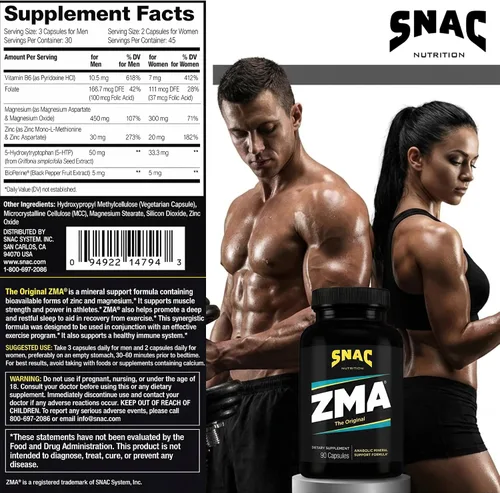 Vista 5 de SNAC ZMA El suplemento original de recuperación y sueño, promueve la recuperación muscular, apoyo inmunológico y sueño reparador con zinc, magnesio