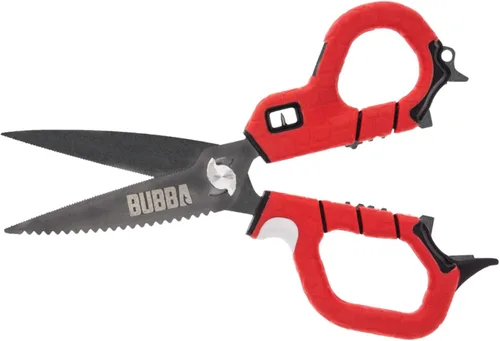 Vista 8 de BUBBA Tijeras pequeñas de pesca con cuchillas microdentadas y herramienta de crimpado de tiro dividido - Abrebotellas y agujero para cordón