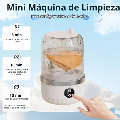 Vista 3 de Mini lavadora portátil, color blanco, capacidad de 2 litros, control táctil digital, diseño compacto para ropa interior y prendas delicadas