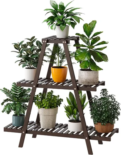 Vista 11 de Soporte de bambú para plantas interior/exterior, 3 niveles, negro, rectangular, 8 macetas para flores, estante para plantas