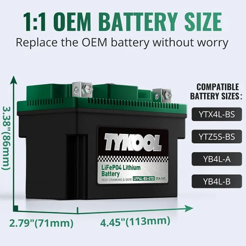 Vista 3 de TYKOOL LFP4L-BS-STD - Batería de litio de 12 V, sustituye a YTX4L-BS, 140CCA 3Ah, se adapta a ATV motocicleta, scooter, cortacésped, compatible