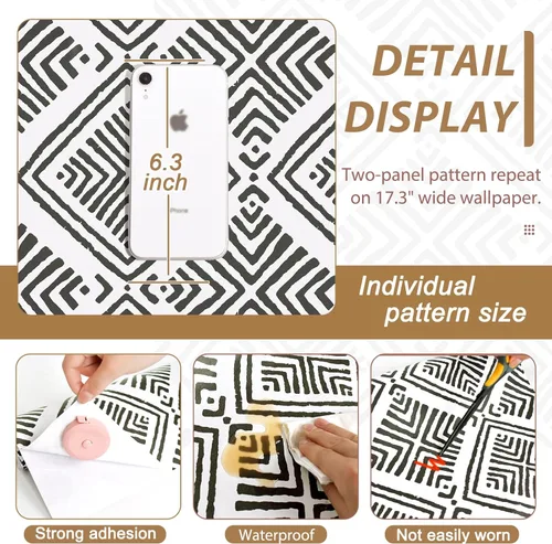 Vista 5 de Papel Tapiz Adhesivo Removible Blanco y Negro Geométrico Boho Papel de Contacto para Gabinetes Moderno Autoadhesivo Removible Papel Tapiz Cocina
