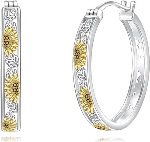 Vista 10 de POPLYKE Aretes de plata de ley con diseño de flores, pequeños aretes tipo huggie, regalo de joyería para mujer A-Daisy