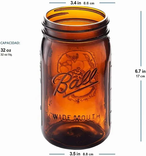 Vista 3 de Ball Elite Collection - Tarro de vidrio ámbar de boca ancha Mason (32 onzas / cuarto de galón) para conservas de color ámbar – Protección contra