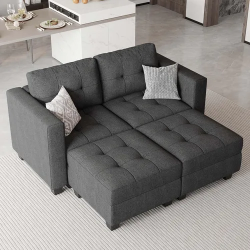 Vista 23 de Belffin Sofá modular modular con otomana de almacenamiento, sofá moderno en forma de L de tela con diván para espacios pequeños, azul