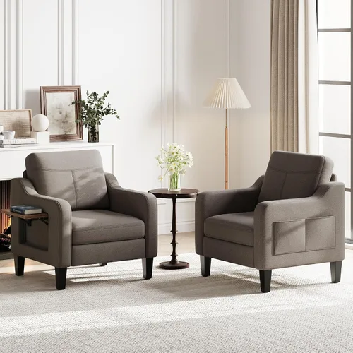 Vista 12 de Silla de acento para sala de estar, sillón moderno tapizado en lino, silla de sofá lateral de tela con estructura de madera con mesa plegable, 2