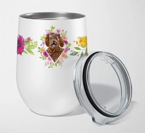 Vista 7 de Caroline's Treasures CK4110TBL12 Afghan Hound Pink Flowers - Vaso de vino aislado de acero inoxidable de 12 onzas con tapa, bonita taza de viaje