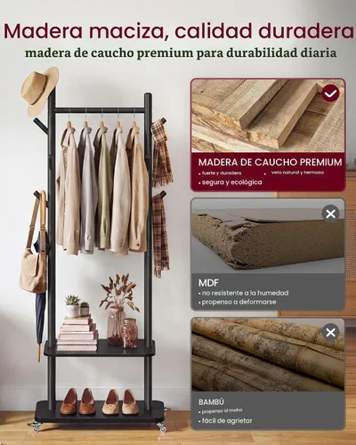 Vista 7 de VASAGLE Perchero independiente con 7 ganchos, 2 estantes, 4 ruedas giratorias extraíbles de 360°, ganchos de madera y poste, para entrada
