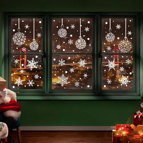 Vista 6 de AnyDesign 9 hojas de calcomanías de Navidad para ventana, diseño de copos de nieve, calcomanías de doble cara para decoración de vacaciones, hogar