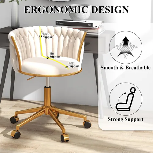 Vista 6 de Silla de escritorio de terciopelo, moderna silla de oficina con ruedas, sillón giratorio de tocador para el hogar con respaldo tejido, asiento