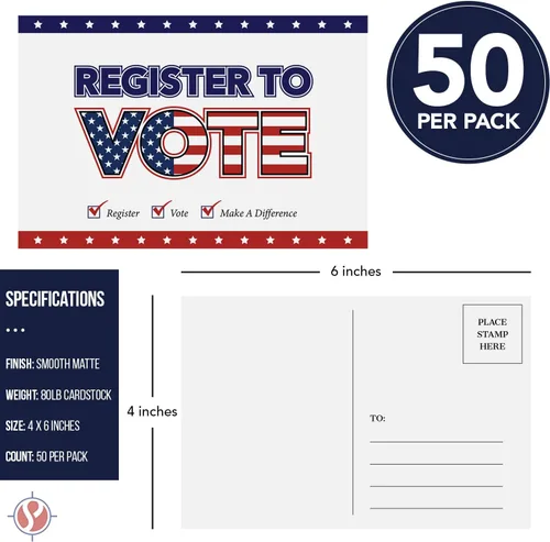 Vista 6 de Regístrese para votar – Tarjetas postales patrióticas en blanco para la campaña electoral de Estados Unidos Enviable por correo, no necesita