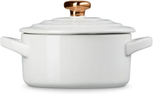Vista 4 de Le Creuset Gres Mini Cocotte Redondo, 8 onzas., Blanco con Perilla de Corazón Oro