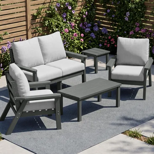 Vista 25 de PLUUV Juego de muebles de patio al aire libre HDPE, 7 piezas, marco negro Marco negro/cojín gris