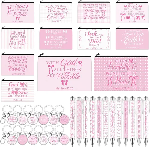 Vista 9 de 36 piezas de regalos cristianos para mujeres a granel, bolsas de maquillaje cristianas, llavero religioso, bolígrafos con versículos bíblicos, citas