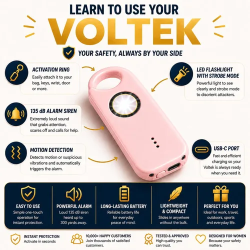 Vista 7 de VOLTEK Personal Safety Alarm + Whistle Set for Women - Extra Loud 135 dB, LED Strobe Light, USB-C Rechargeable, Intrusion Mode (Doors, Windows)