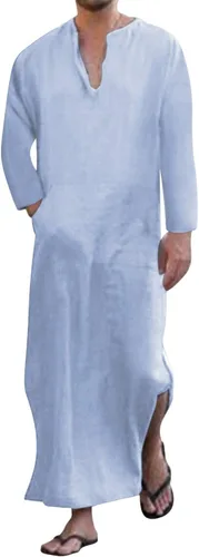 Vista 11 de Jacansi - Bata de cuello en V para hombre, manga corta, división lateral, caftán de algodón, thobe largo, tallas S-3XL Púrpura-gris #1