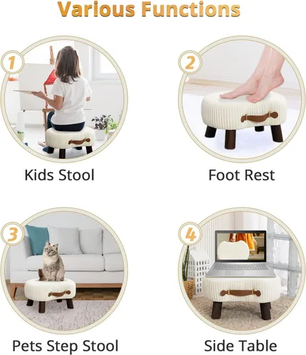 Vista 7 de LUE BONA Taburete pequeño curvado con asa, reposapiés de terciopelo beige y otomanos, moderno reposapiés con patas de madera, taburete con asiento