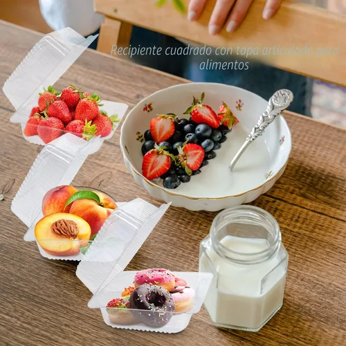 Vista 6 de Haawooky Paquete de 100 Recipientes de Plástico Transparente para Llevar, Recipiente de Comida Cuadrado con Bisagras, Recipientes Tipo Concha