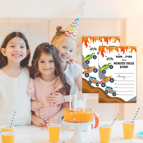 Vista 5 de Tarjetas de invitación de cumpleaños, invitaciones de fiesta de Monster Truck, suministros de decoración de fiesta de feliz cumpleaños para niños
