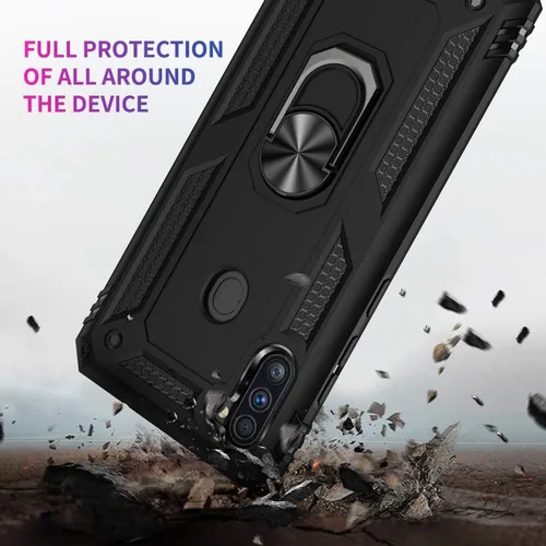 Vista 4 de TJS Funda compatible con Samsung Galaxy A11, con protector de pantalla de vidrio templado, anillo de metal, soporte magnético, funda protectora Negro