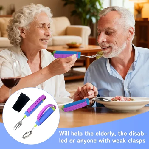 Vista 5 de Juego de utensilios adaptativos, juego de 2 cucharas y tenedores para ancianos, utensilios con peso para temblores de manos, debilidad de artritis