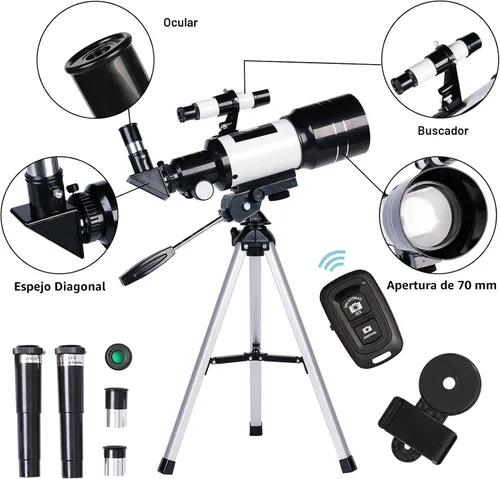 Vista 2 de Telescopio para adultos y niños, refractor de apertura de 2.756 in (15X-150X), telescopio de viaje portátil con adaptador de teléfono y control Negro