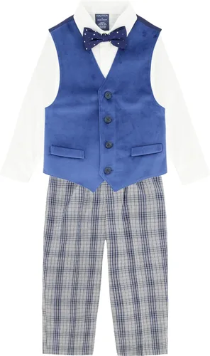 Vista 19 de Nautica Conjunto de traje formal de 4 piezas para niños con chaleco, pantalones, camisa de vestir con cuello y corbata Lino Azul