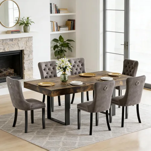 Vista 43 de Juego de mesa de comedor extensible de 5 piezas para 4, mesa de cocina de madera marrón de 63-78.7 pulgadas con 4 sillas acolchadas beige, juego