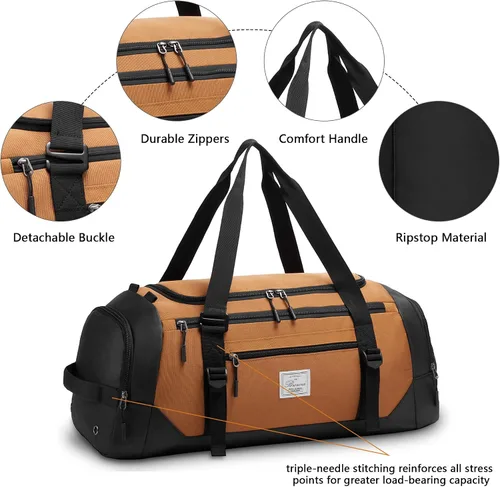 Vista 5 de Bolsa de lona para hombres bolsa de gimnasio 1000d material impermeable de nylon, Caqui2, 65 l, Viajes