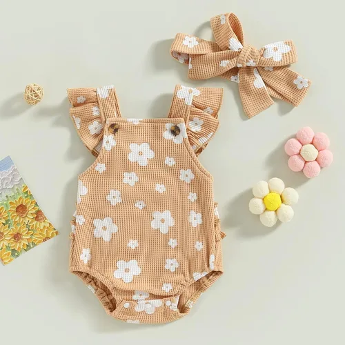 Vista 5 de Engofs Boho Rainbow Baby Girl Ropa recién nacida con volantes sin mangas con diadema