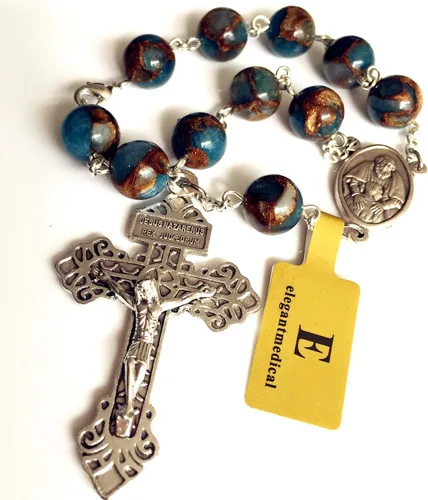 Vista 8 de elegantmedical Pulsera de rosario de oración católica de una década con cuentas de fútbol, regalo de cruz de perdón, Piedra