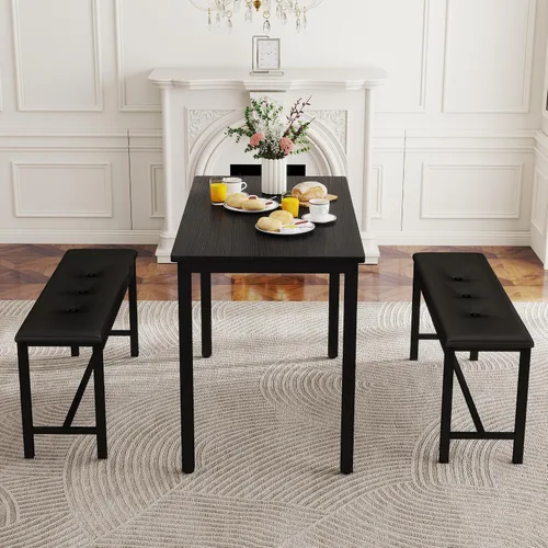 Vista 10 de Juego de mesa de comedor para 4, mesa de cocina con 2 bancos, muebles de comedor de madera de 3 piezas, juegos de sillas de comedor para rincón