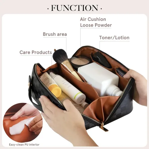 Vista 4 de Bolsas de maquillaje a cuadros de gran capacidad, bolsas de cosméticos portátiles de viaje, bolsa de aseo abierta y plana para mujeres y niñas