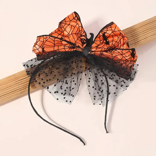 Vista 4 de Diadema de Acción de Gracias, banda para el pelo con lazo de calabaza naranja, linda malla de calabaza con diseño de lazo para niñas y mujeres