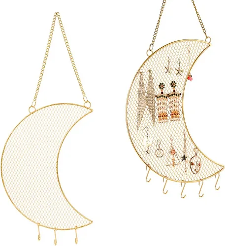 Vista 10 de Rolin Roly Organizador de pared para aretes, estante de joyería colgante con 8 ganchos en forma de nube para exhibir rejilla, pulsera dorada