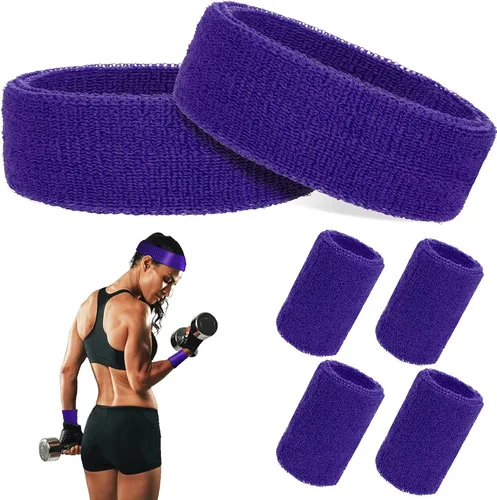 Vista 8 de ASTER Juego de 6 muñequeras para la cabeza, incluye 2 diademas deportivas y 4 pulseras deportivas a rayas coloridas para hombres y mujeres