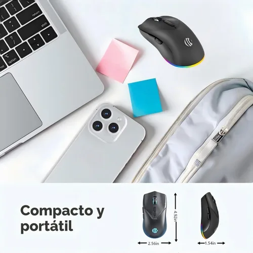 Vista 7 de Ratón inalámbrico, mouse recargable Bluetooth, modo dual BT 5.2 + 2.4G USB silencioso inalámbrico Bluetooth, diseño ergonómico RGB, mouse DPI