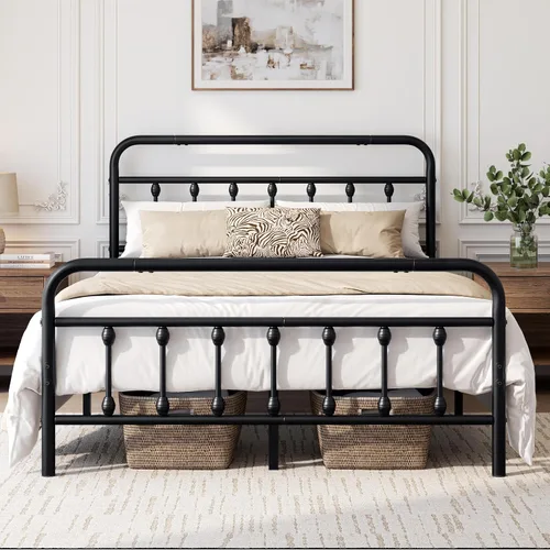 Vista 10 de Yaheetech Marco de cama con plataforma de metal doble, cabecero y estribo Blanco