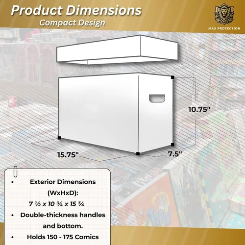 Vista 3 de Max Protection Cajas de almacenamiento de cómics, paquete de 1, cartón corto para 150 a 175 cómics, diseño de doble grosor, caja apilable de alta